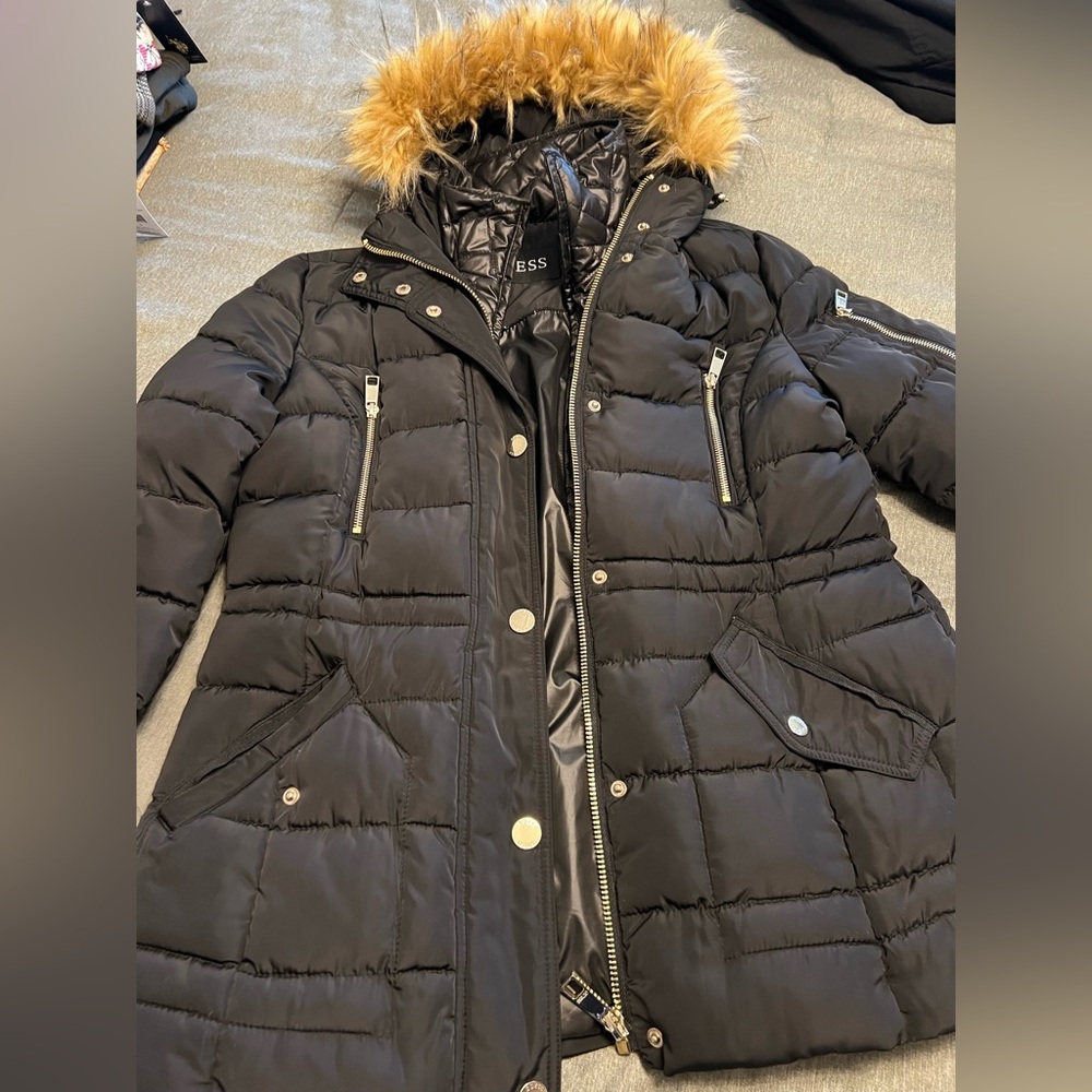 GUESS Black Puffer Jacket with removable Faux Fur Trim